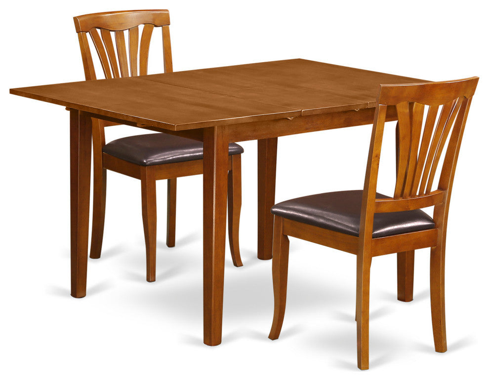 3 Pc Set Milan Table With Leaf And 2 Leather Chairs, Saddle Brown