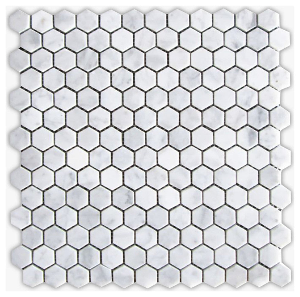 White Carrara Honed 1" Hexagon Marble Mosaic