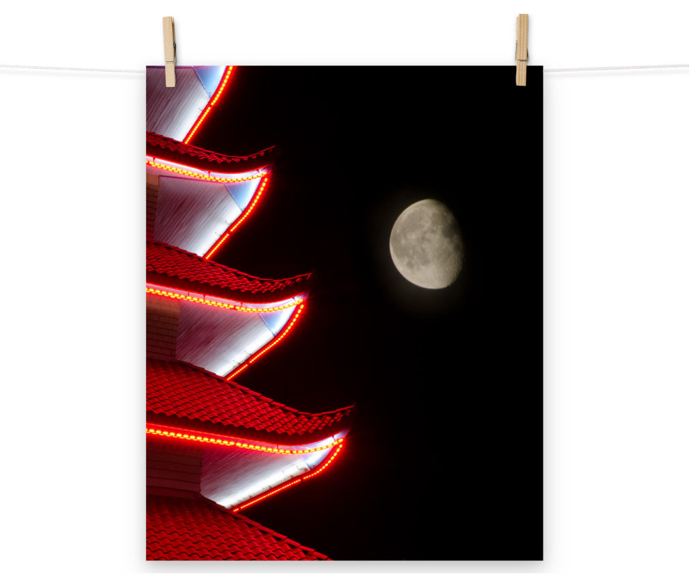 Moon Over Pagoda 1 Night Urban Photograph Unframed Wall Art Print, 16" X 20"