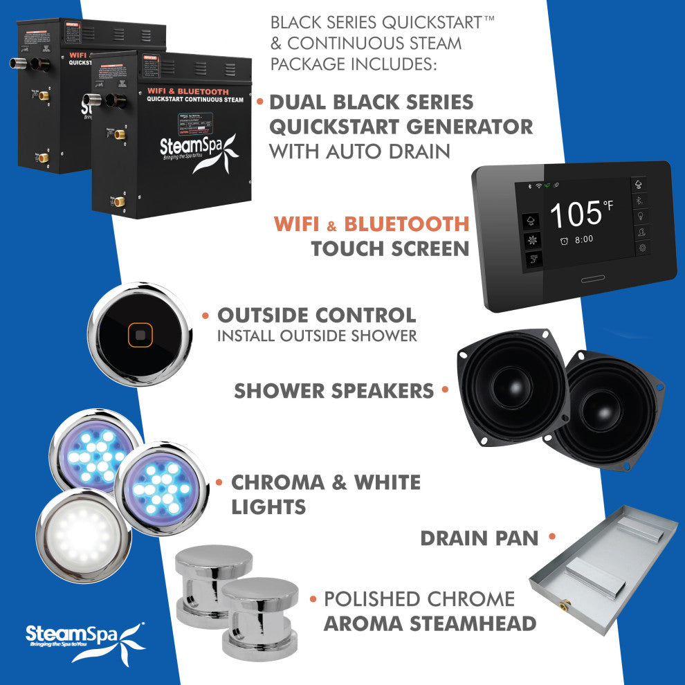 2 x 7.5kW QuickStart Steam Bath Generator With Dual Aroma Pump, Polished Chrome