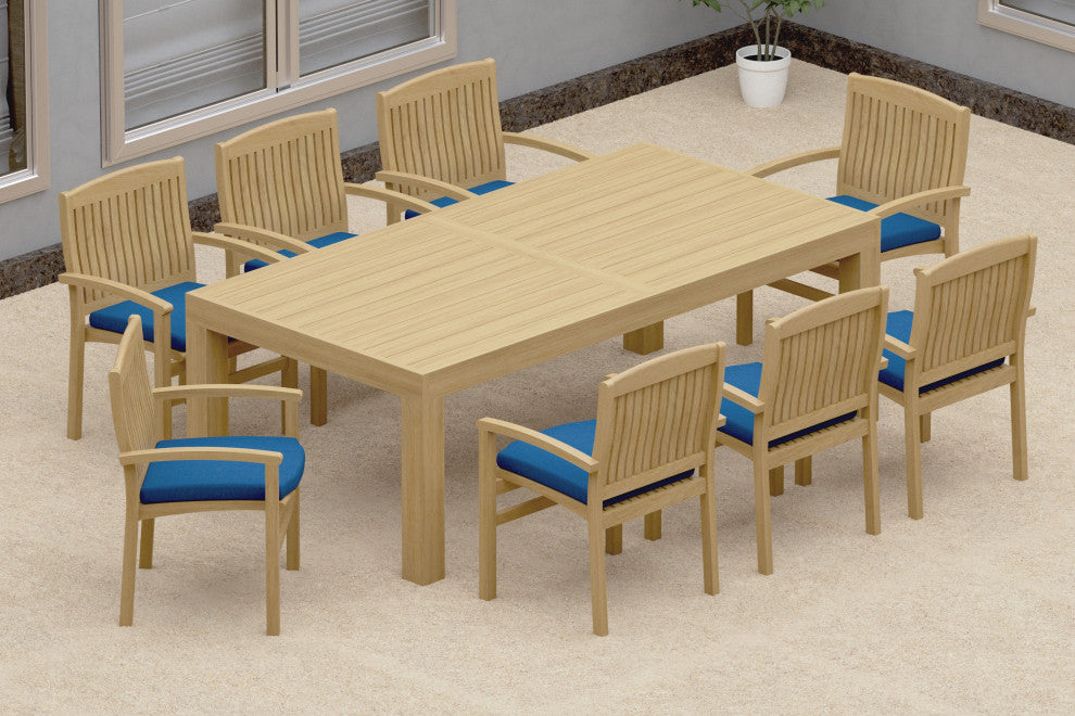 9-Piece Outdoor Teak Dining Set: 86" Rectangle Table, 8 Wave Stacking Arm Chairs