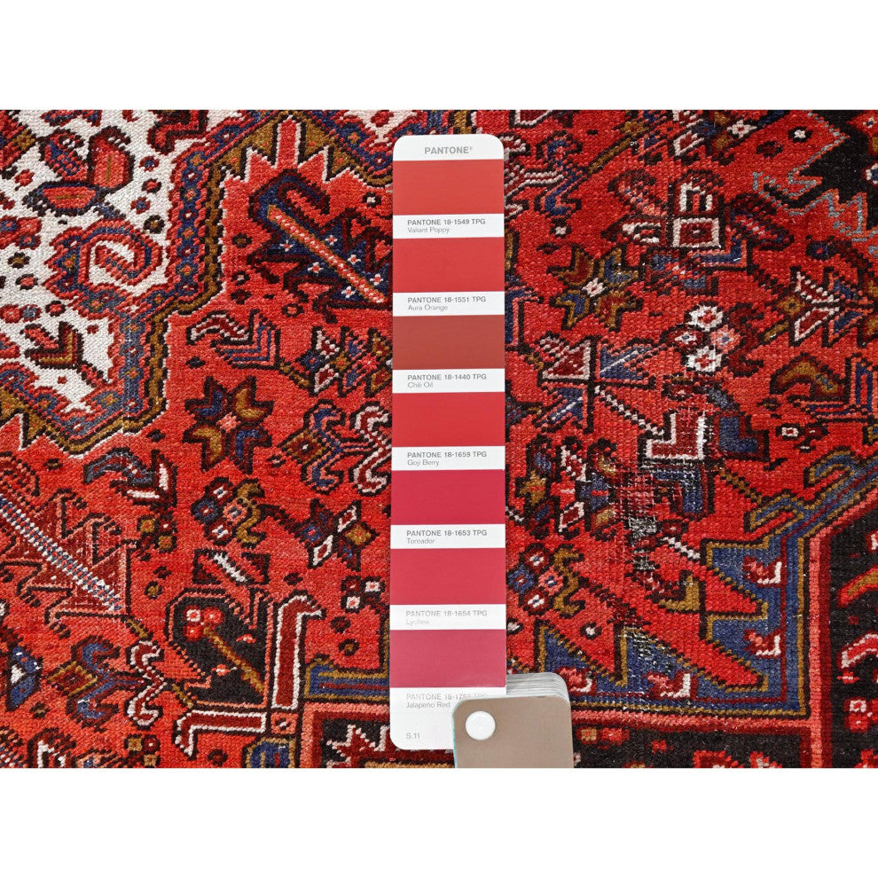 Fire Brick Red Pure Wool Hand Knotted Semi Antique Persian Heriz Rug 10'x13'2"