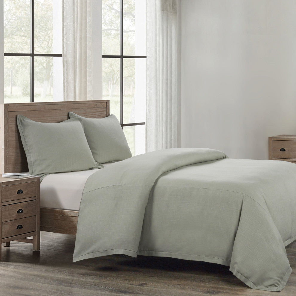 Hera Washed Linen Flange Comforter Set, 3 Piece, Sage, King