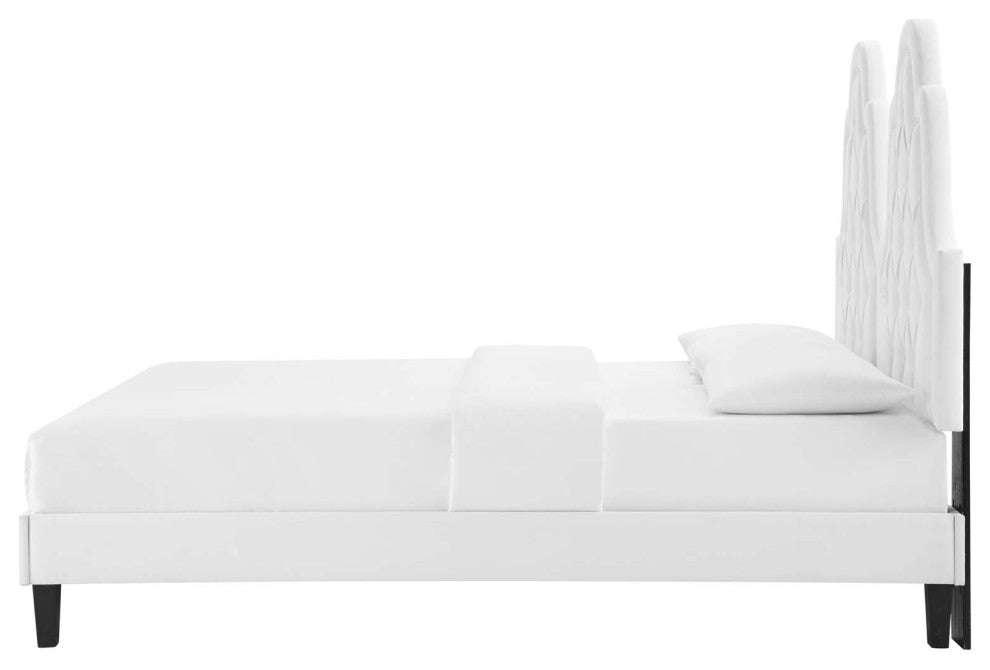 Tufted Platform Bed Frame, King Size, Velvet, White, Modern Contemporary