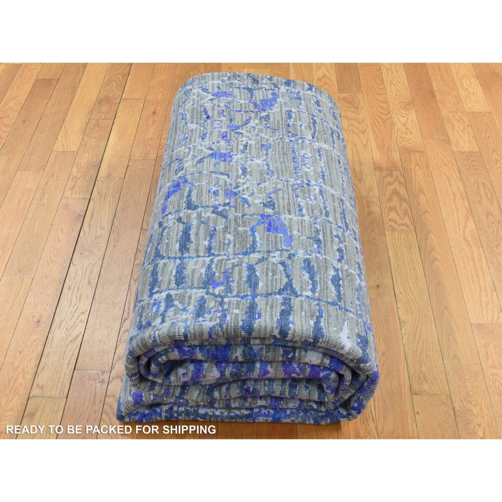 Yale Blue, Diminishing Bricks Design, Sari Silk, Hand Knotted Rug, 9'x12'2"