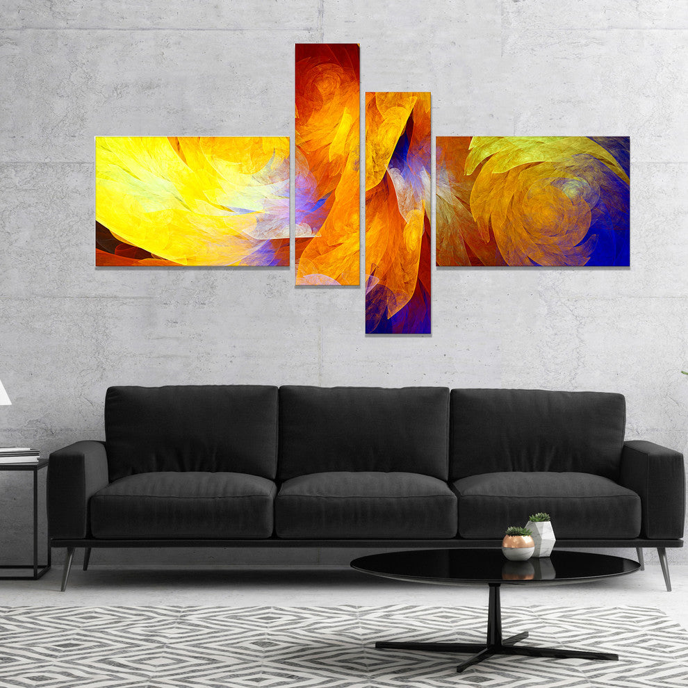 Yellow Fractal Abstract Pattern, Abstract Art on Canvas, 60"x32", 4 panels