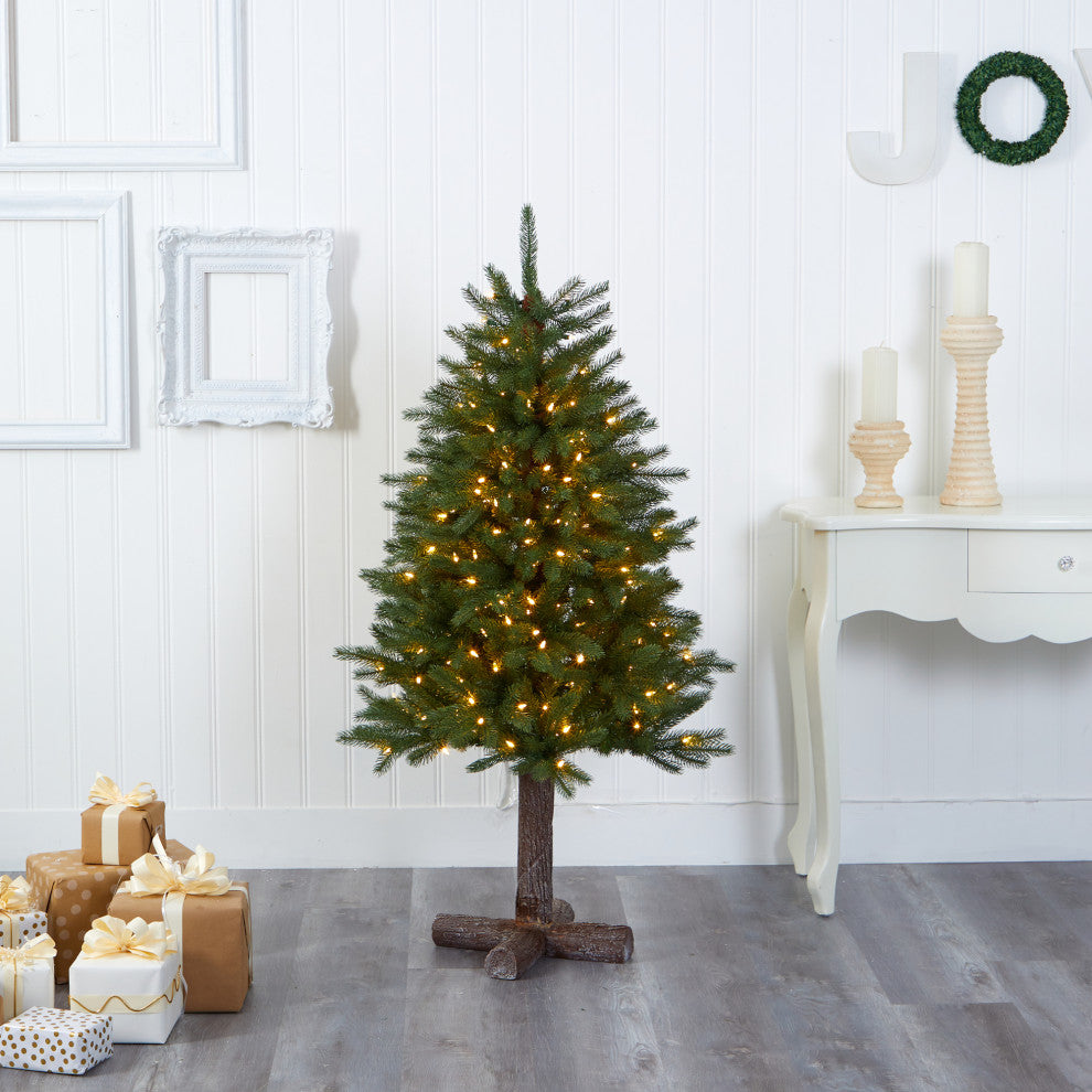 5' Napa Valley Pine Faux Xmas Tree W/Lights, Bendable Branches, Wood Stand