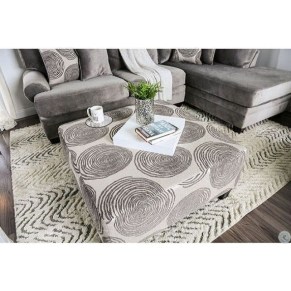 Fabric And Wooden Ottoman with Square Design, Gray