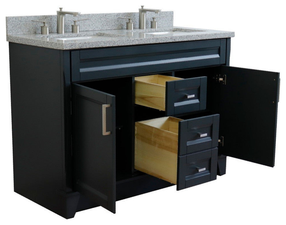 48" Double Sink Vanity, Dark Gray Finish With Gray Granite And Rectangle Sink