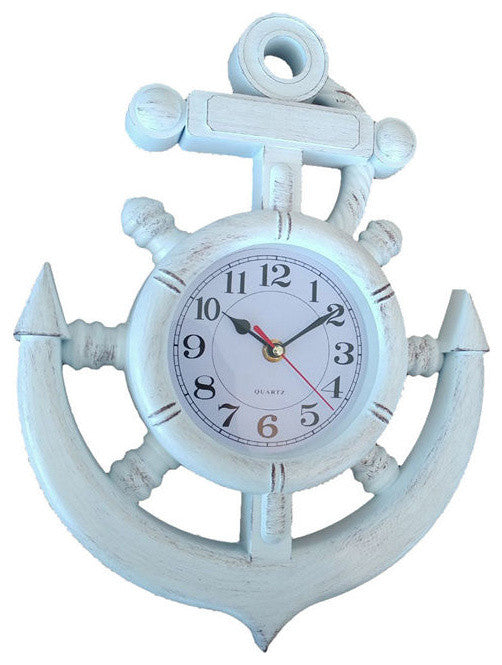 Whitewashed Ship Wheel and Anchor Wall Clock 15"