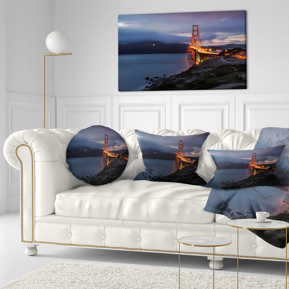 Golden Gate With Night Illumination Sea Bridge Throw Pillow, 12"x20"