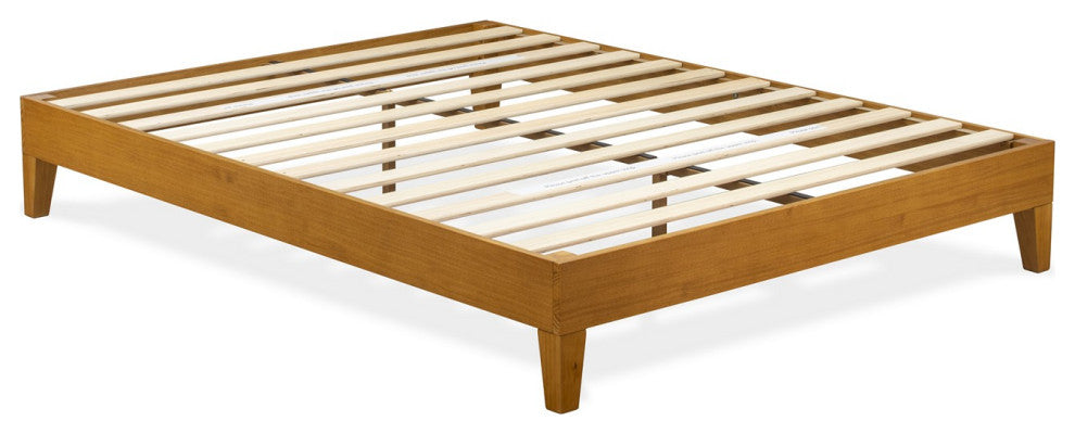 Queen Size Platform Bed Frame With 4 Hardwood Legs And 2 Extra Center Legs Oak