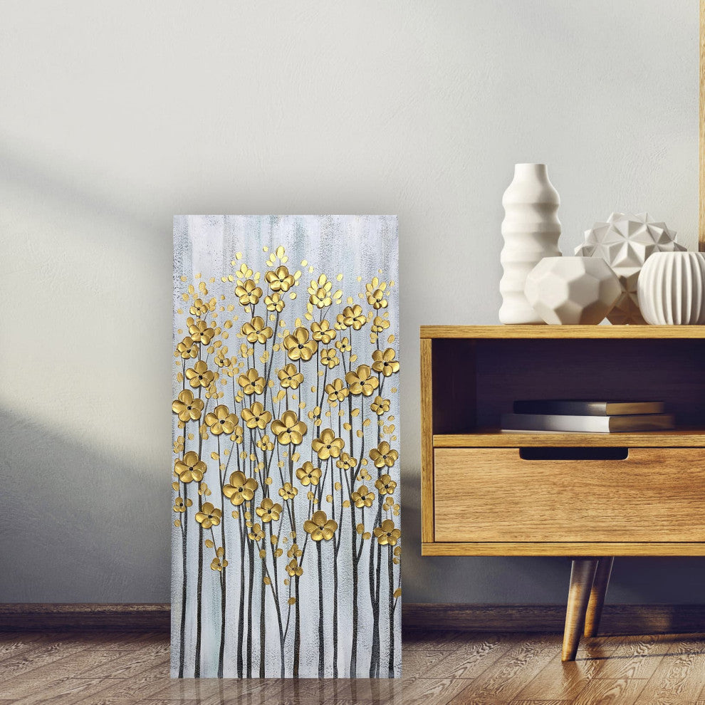 Golden Bloom Hand-Painted Textured Floral Canvas Art