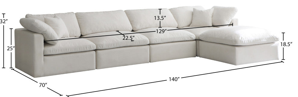 Plush Velvet / Down Standard Comfort L-Shaped Modular Sectional, Cream, 5-Piece: 2 Armless Chair, 2 Corner Chair, 1 Ottoman