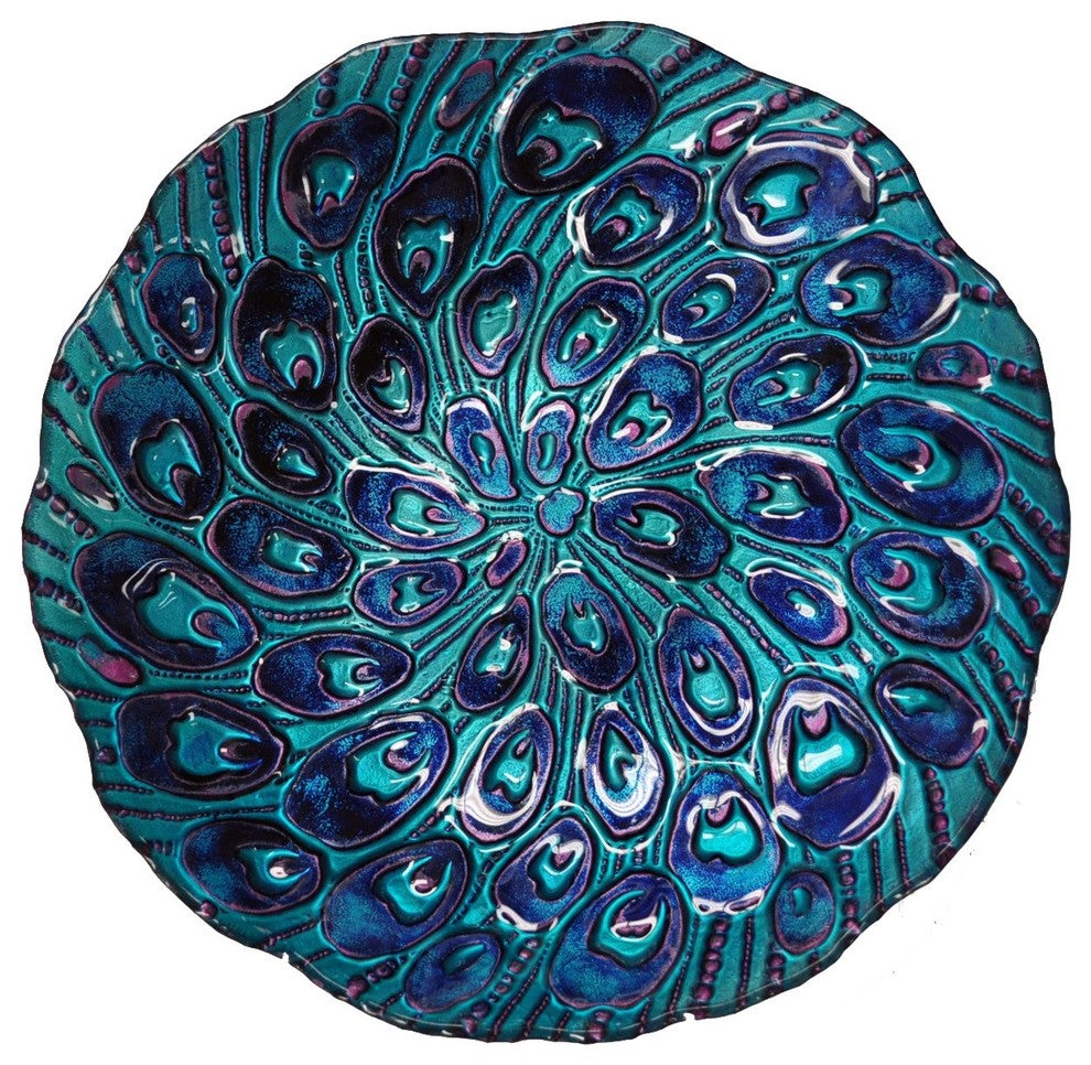 18" Peacock Tail Glass Plate and Bird Bath Bowl Decorative Yard Art