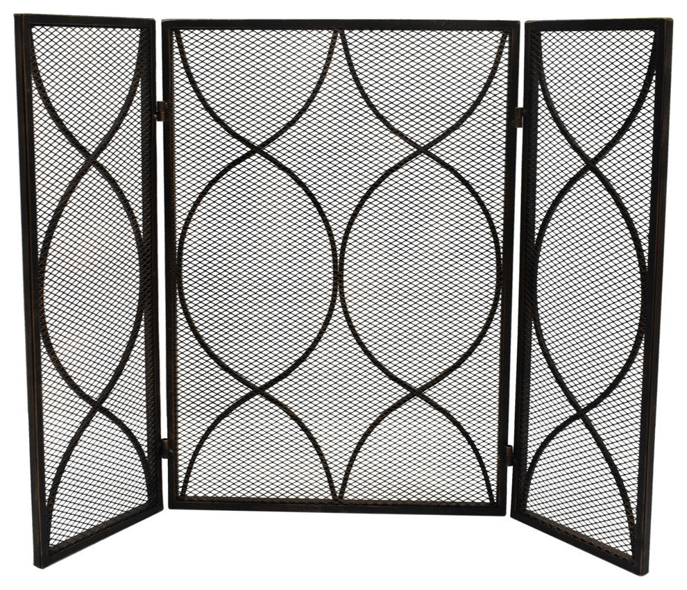Laylah Modern Three Panel Iron Firescreen, Black Gold Finish