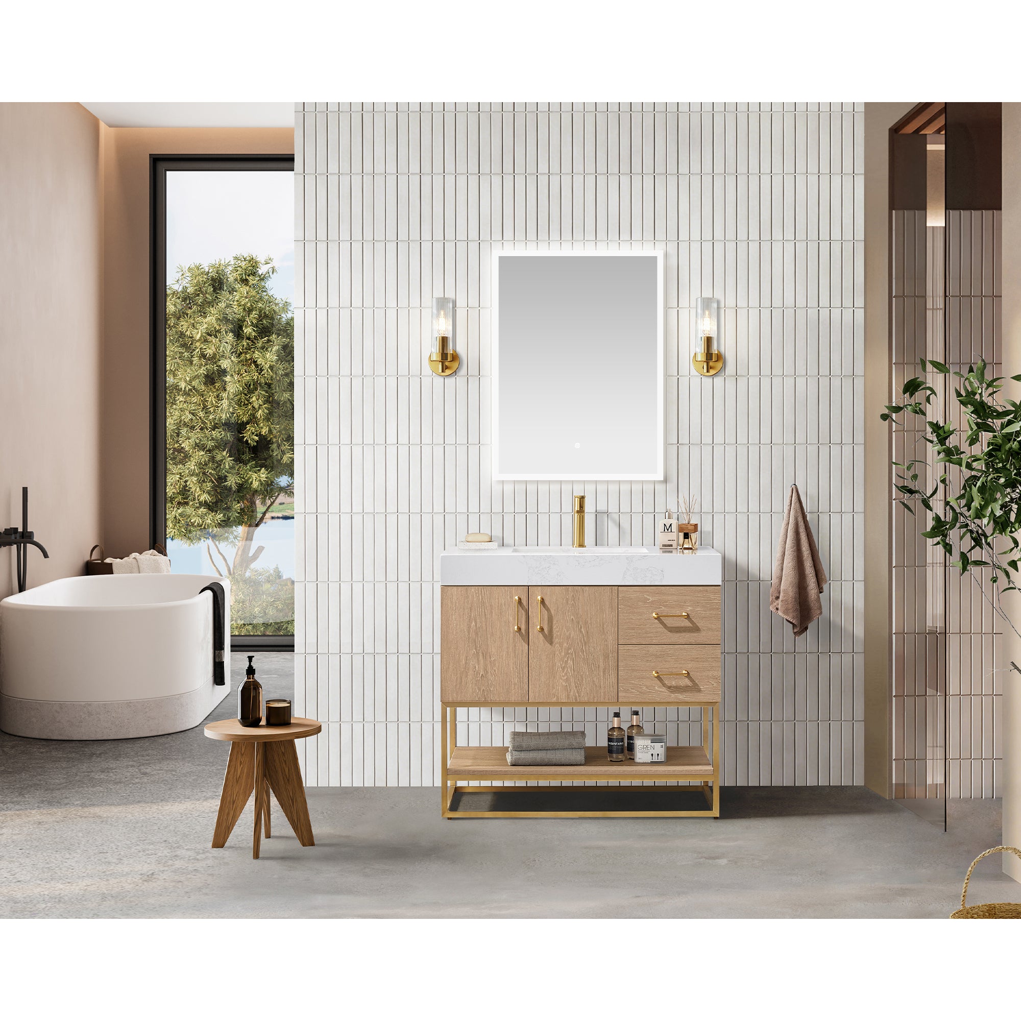 Bahia Bath Vanity, Oak, 36", Brushed Gold Hardware, Single, Freestanding