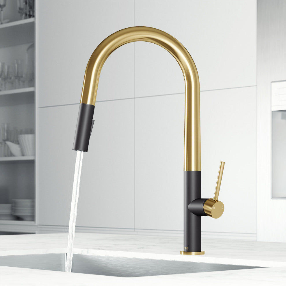 VIGO Greenwich 18" H Single Handle Pull-Down Sprayer Kitchen Faucet, Matte Brushed Gold/Matte Black, No Sensor, Without Extras
