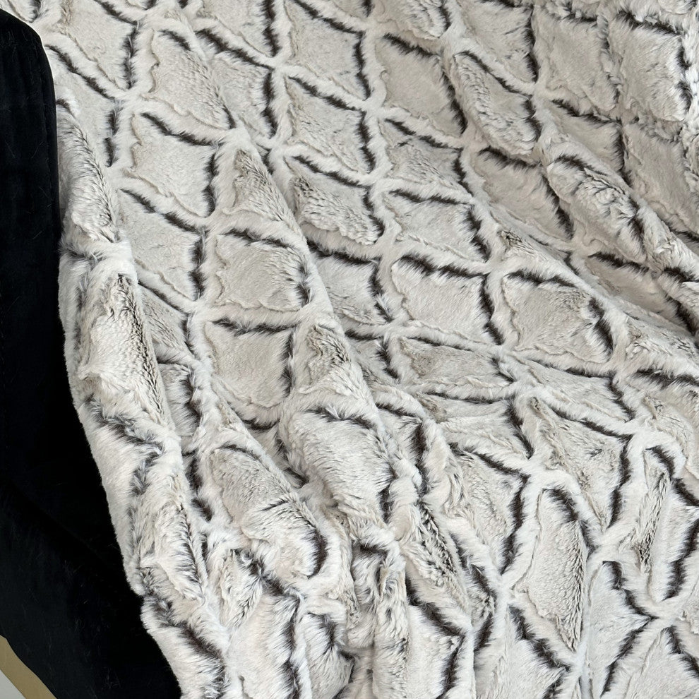 Plutus Brown Beige Diamond Faux Fur Throw Blanket, 90"L x 90"W Full