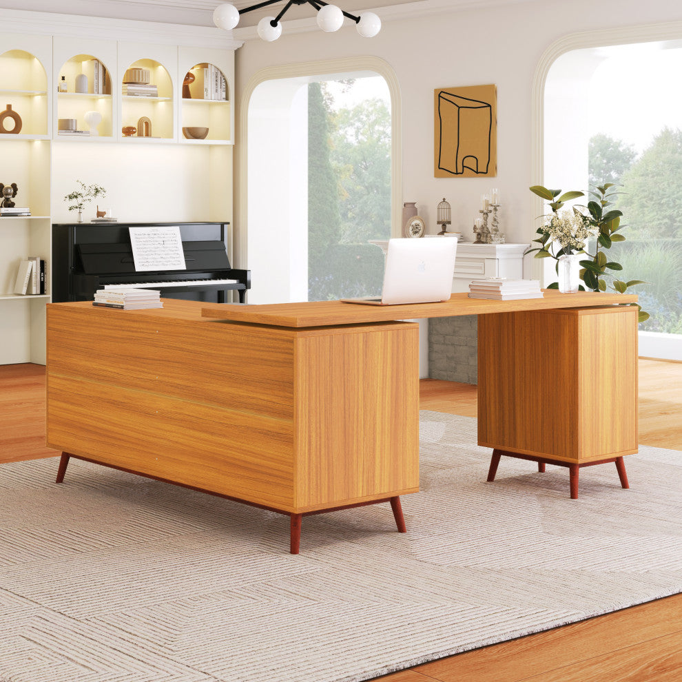 Modern L-shaped Executive Desk, Delicate Tempered Glass Cabinet Storage, Teak