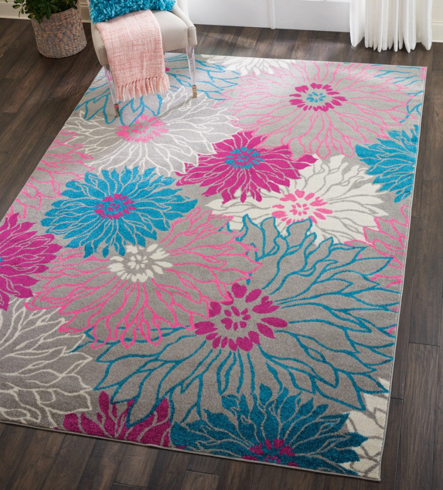 7 x 10 Gray and Pink Tropical Flower Area Rug