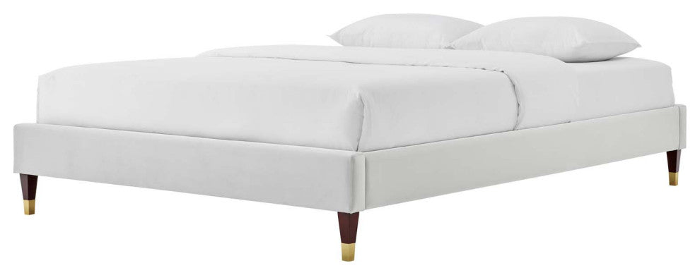 Platform Bed Frame, King Size, Velvet, Light Gray, Modern Contemporary