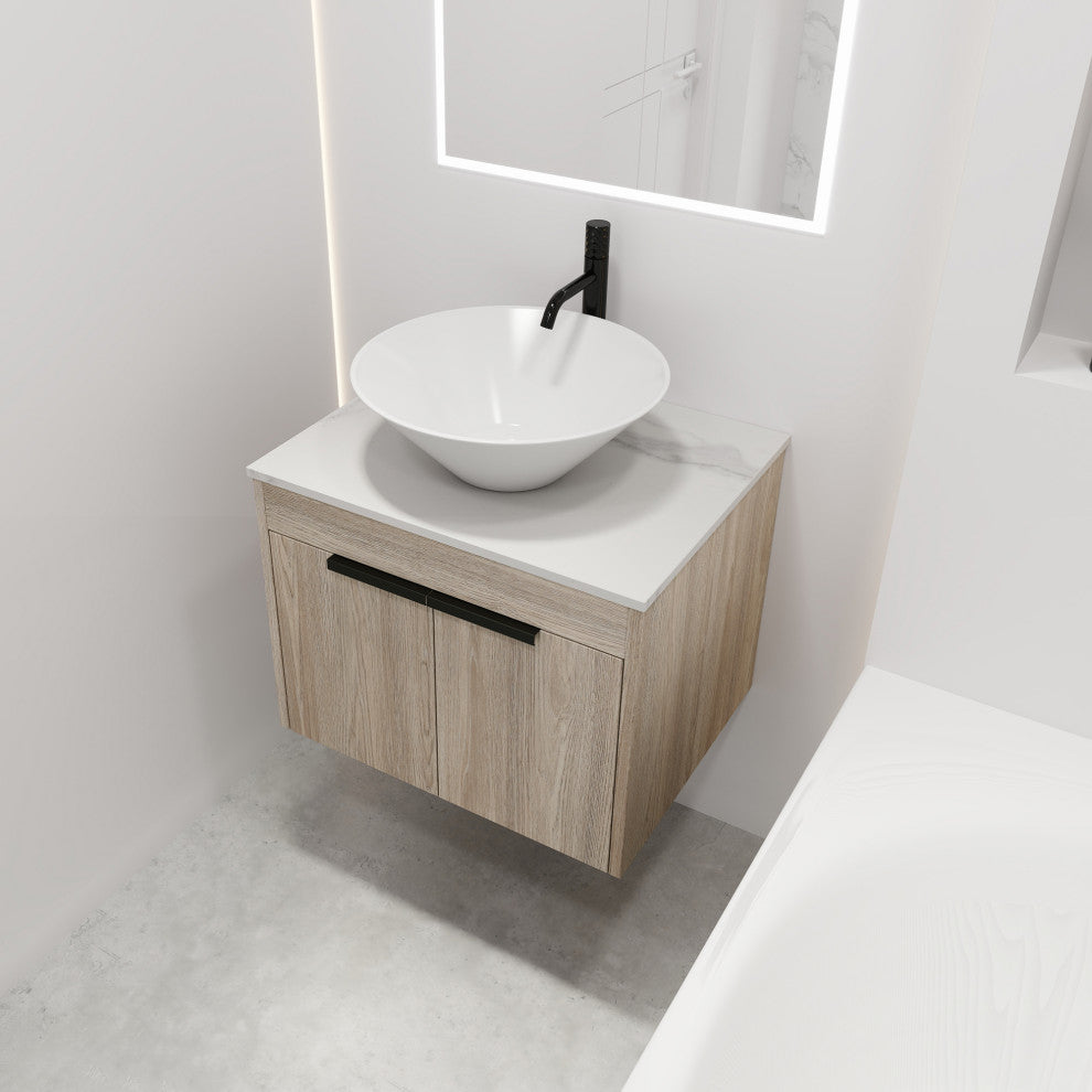 Wall-Mounted Bath Vanity, White Oak, White Ceramic Vessel Sink