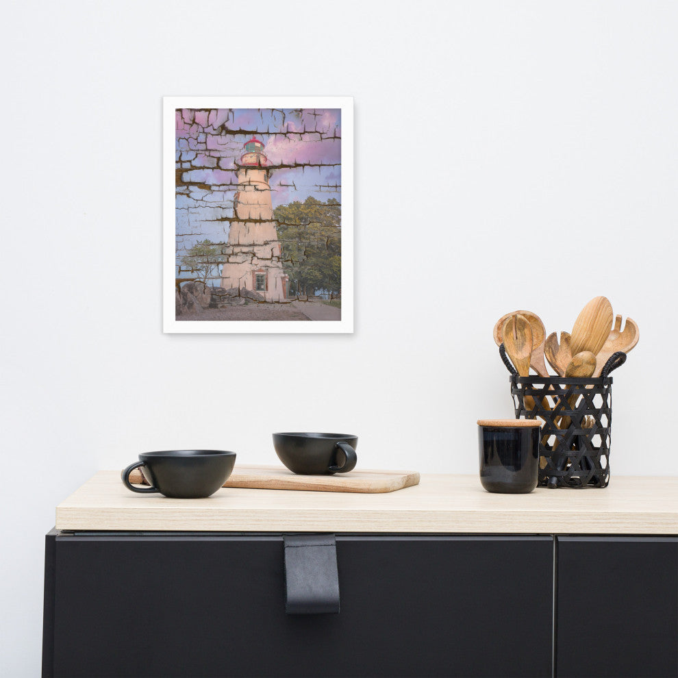 Faux Wood Texture Marblehead Lighthouse at Sunset Framed Photo Wall Art Print, White, 11" X 14"