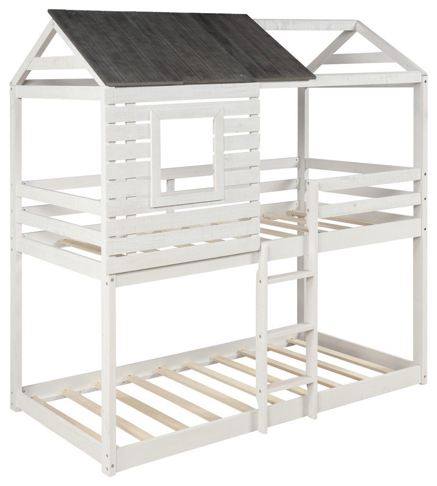 Antique White Twin Over Twin Bunk Bed With Roof