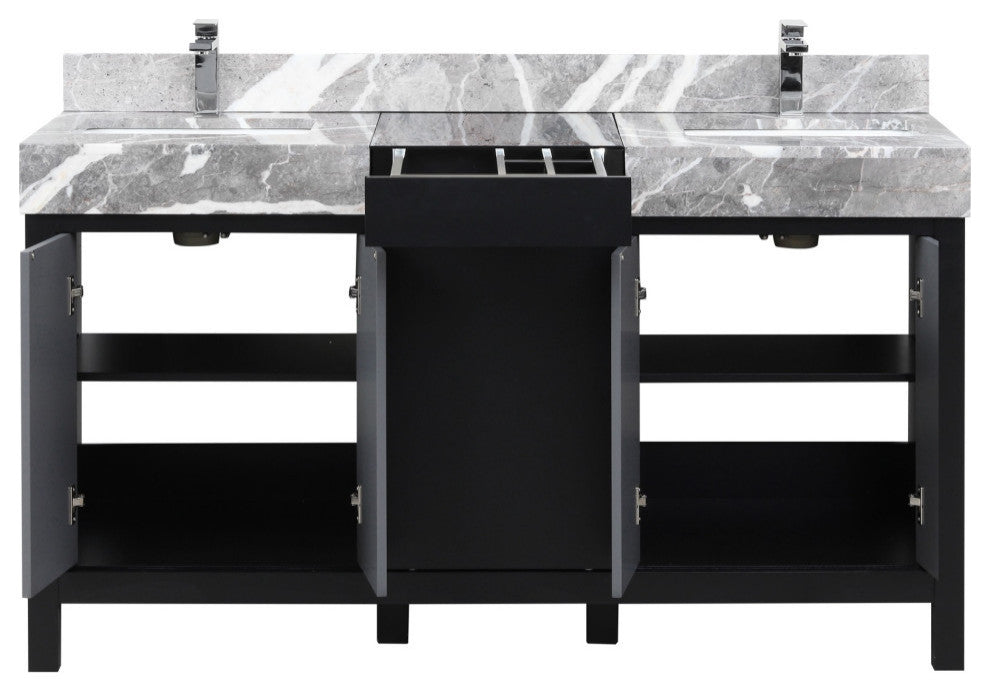60" Double Vanity, Marble Tops, White Square Sinks, And Monte Chrome Faucet Set
