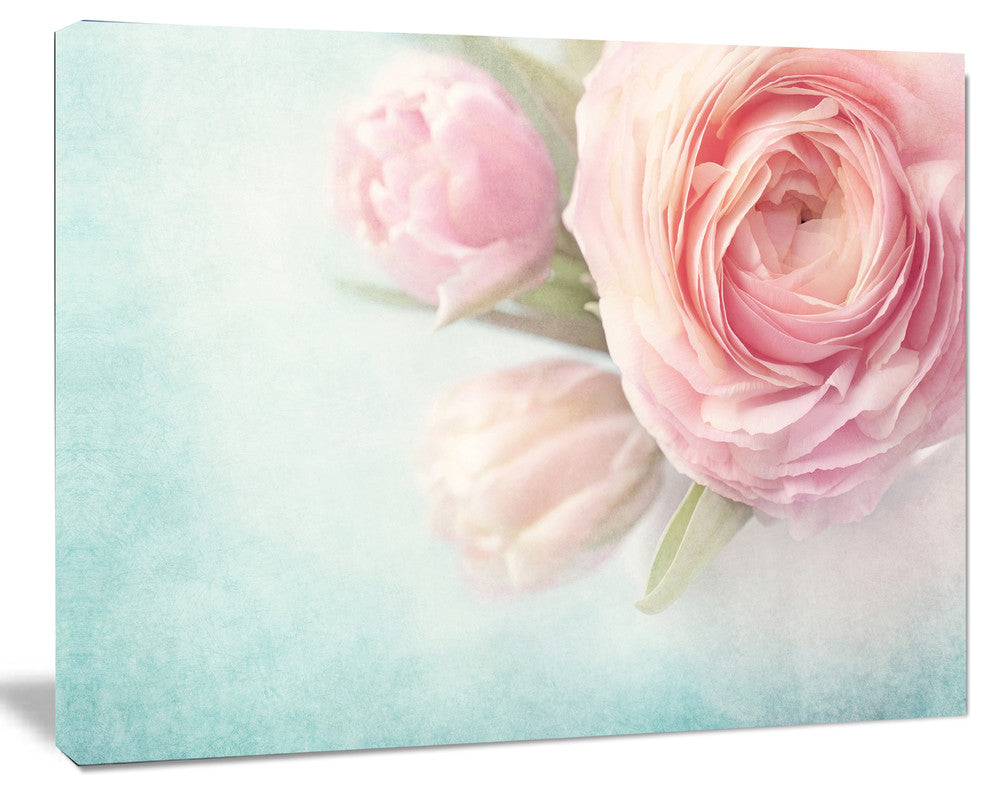 Pink Flowers against Blue Background, Floral Canvas Art Print, 40"x30"