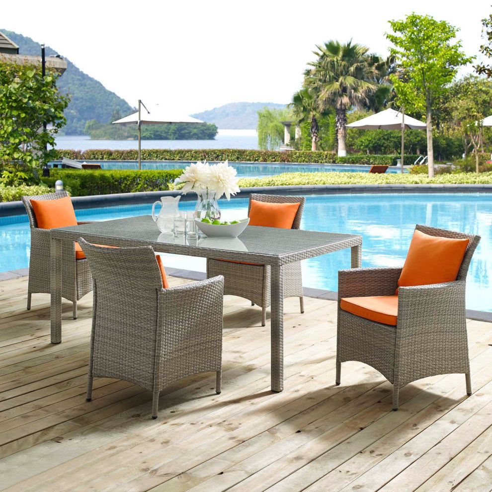 Side Dining Chair and Table Set, Rattan, Wicker, Gray Orange, Outdoor