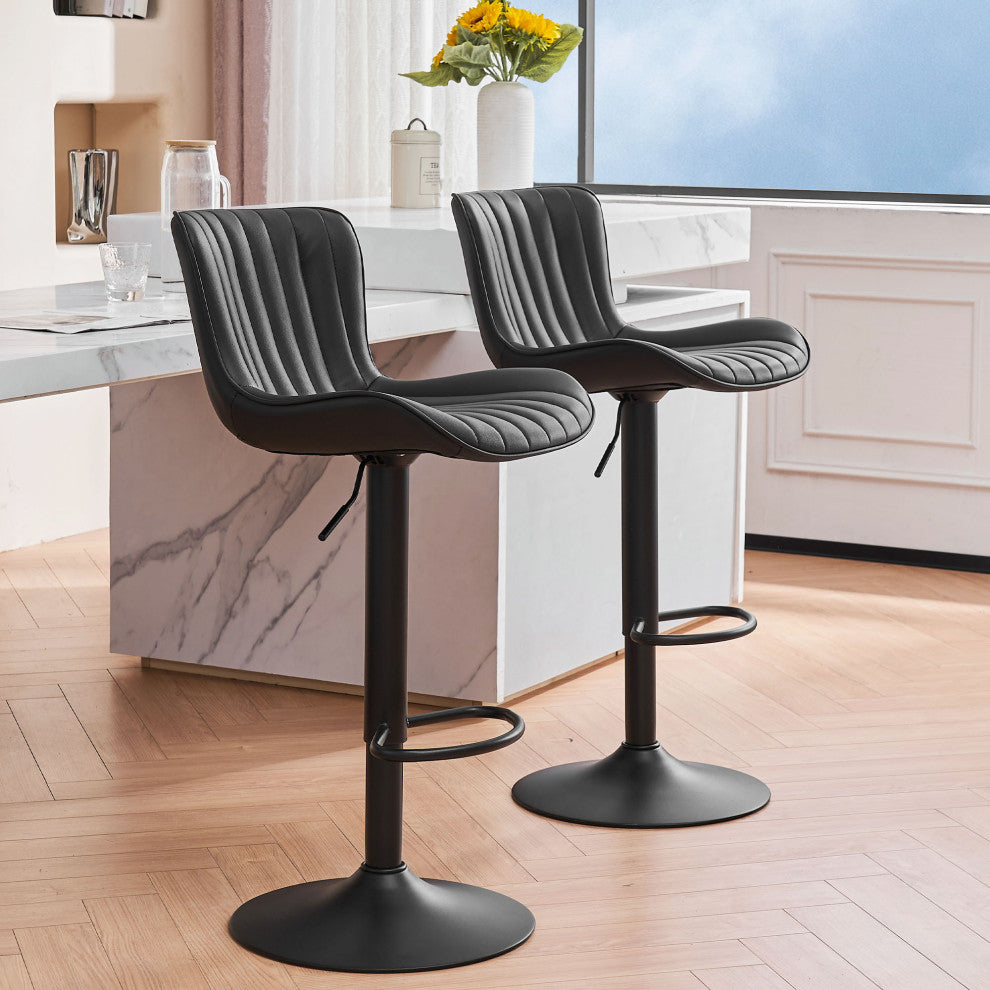 YOUNIKE Set of 2 Leather Bar Stool Adjustable, Swivel, Wingback, Black