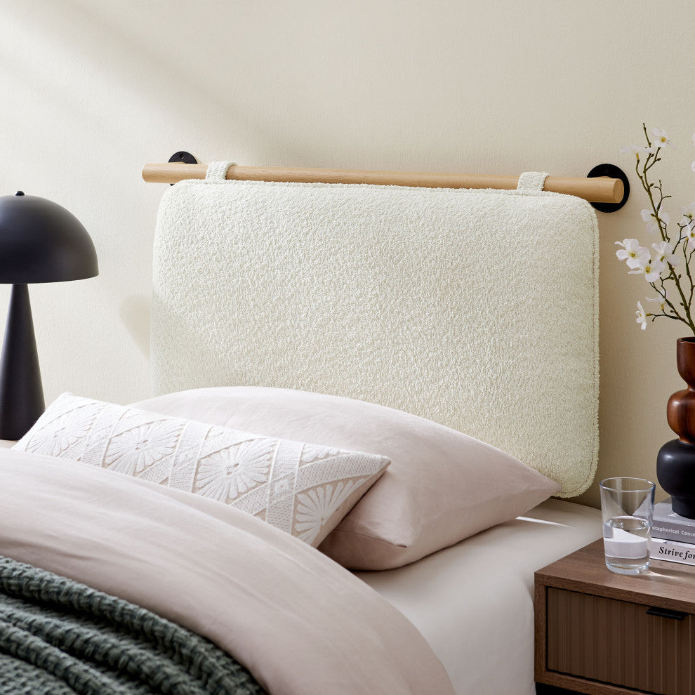 Anela Wall-Mounted Chenille Upholstered Twin Headboard, Cream Natural