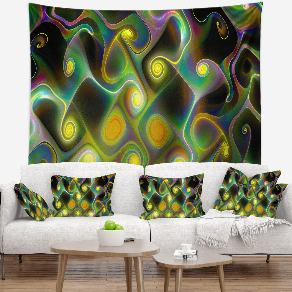 Yellow Fractal Pattern with Swirls Abstract Wall Tapestry, 80"x68"