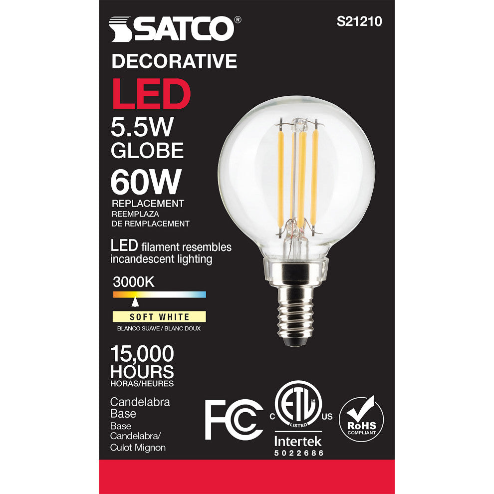 5.5W G16.5 LED, Clear, Candelabra Base, 90 CRI, 3000K, 120V