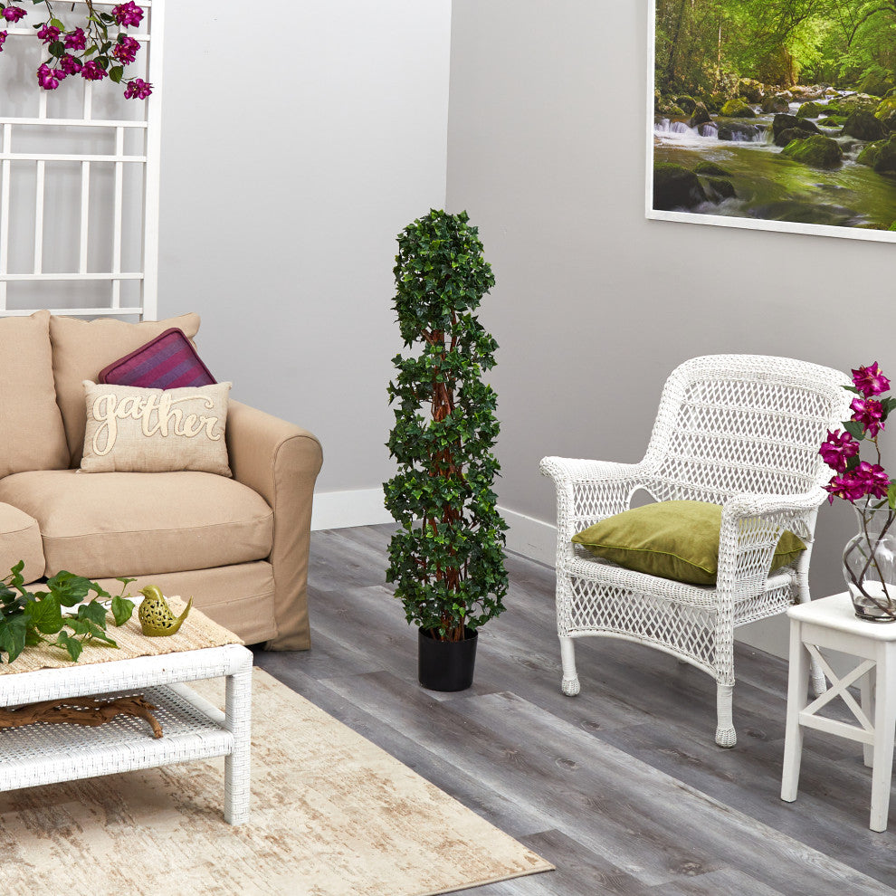 4.5' English Ivy Spiral Topiary Faux Tree W/Natural Trunk, Indoor/Outdoor