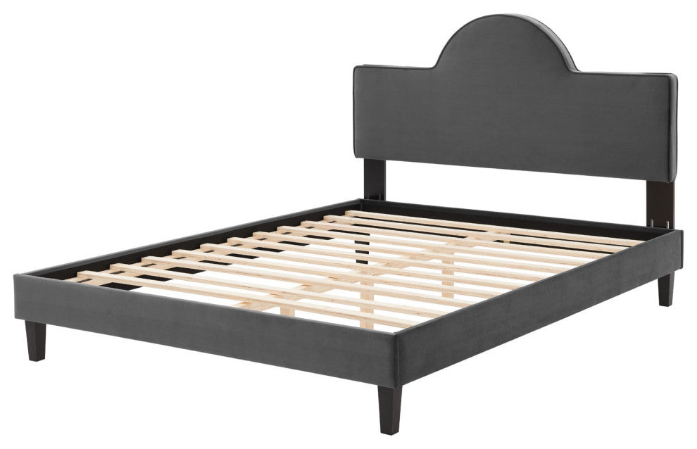 Platform Bed Frame, King Size, Charcoal Gray, Velvet, Modern, Guest Suite