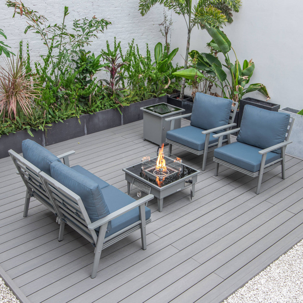 LeisureMod Walbrooke Grey Patio Sofa Set With Square Fire Pit Table, Navy Blue