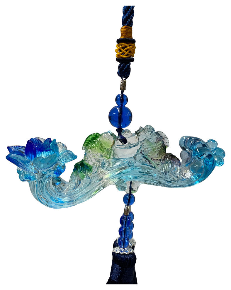 Crystal Glass Fengshui Fortune Blue Ru Yi Fishes Gift Decor Tassel, Hws2175