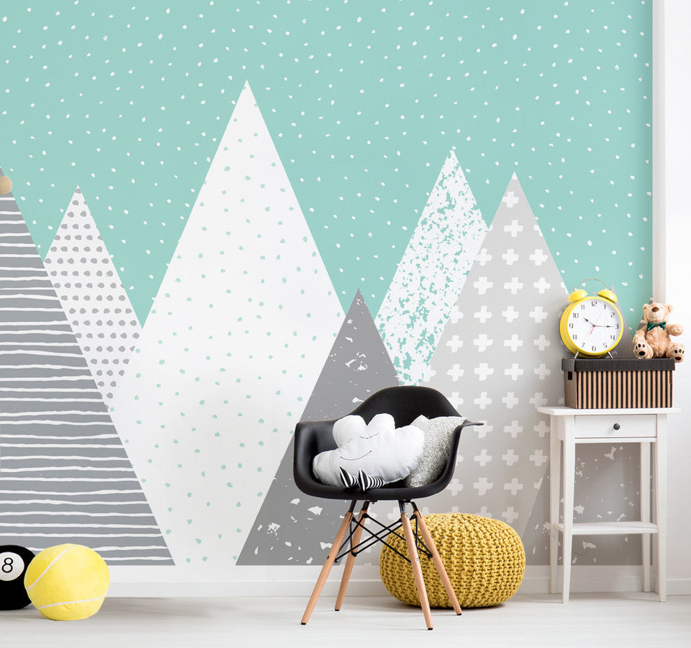 Kids Mountains Peel and Stick Vinyl Wallpaper, Mint/White, 24"x108"