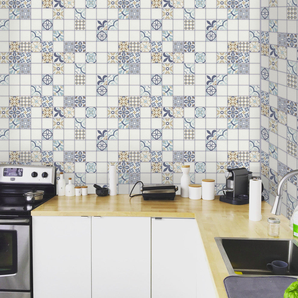 Blue Beige Tile 3D Wall Panels, Set of 10, Covers 49 Sq Ft