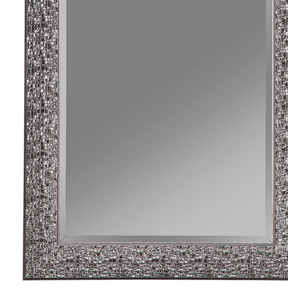 Rectangular Beveled Accent Floor Mirror with Glitter Mosaic Pattern, Gray