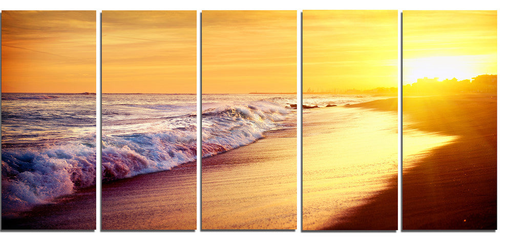 "Bright Yellow Sky With Foam Waves" Seashore Wall Art, 5 Panels, 60"x28"