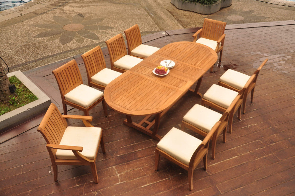 11-Piece Outdoor Teak Dining: 94" Masc Oval Extension Table, 10 Lagos Chairs