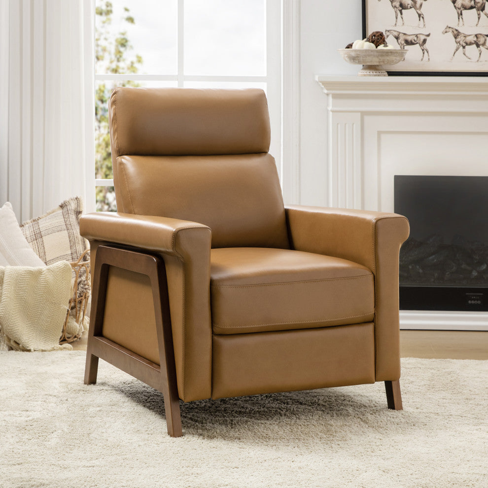 28.75"W Mid-Century Modern Style Genuine Leather Power Recliner, Camel