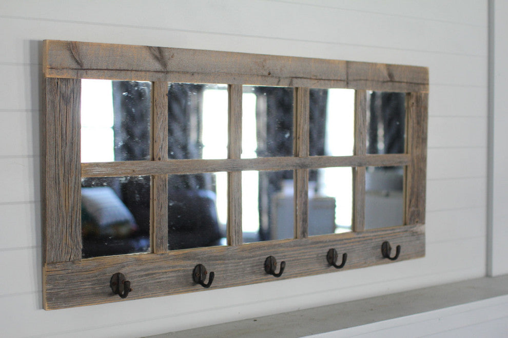 Windowpane Mirror With Coat Hangers, 10 Pane, Barnwood