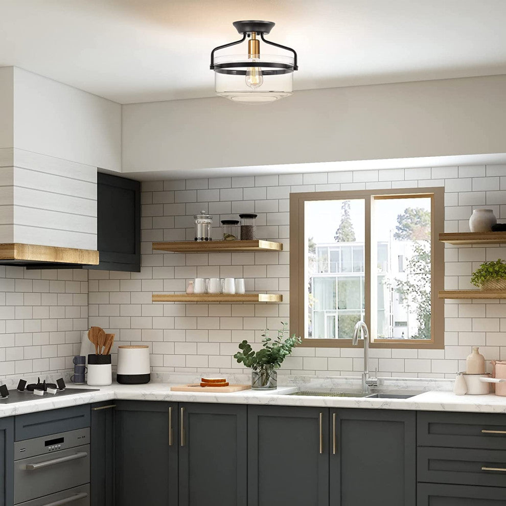 Industrial Semi Flush Mount Ceiling Light Fixture, Farmhouse, Black