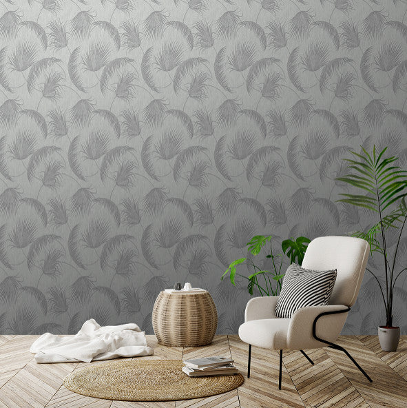 Gray Oasis Foil Leaves Wallpaper