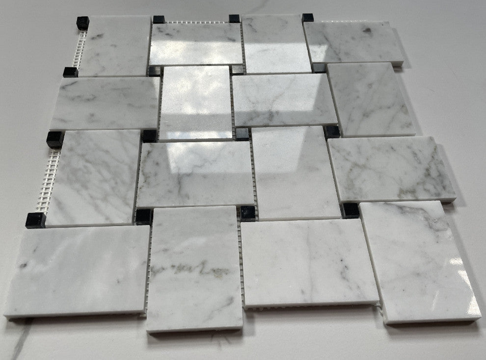 Carrara Marble Wide Big Basketweave Mosaic Tile Polished Venato Bianco, 1 sheet